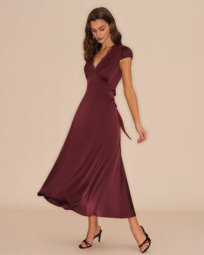 Vestido Maxi de Encaje V en Color Rojo Vino
