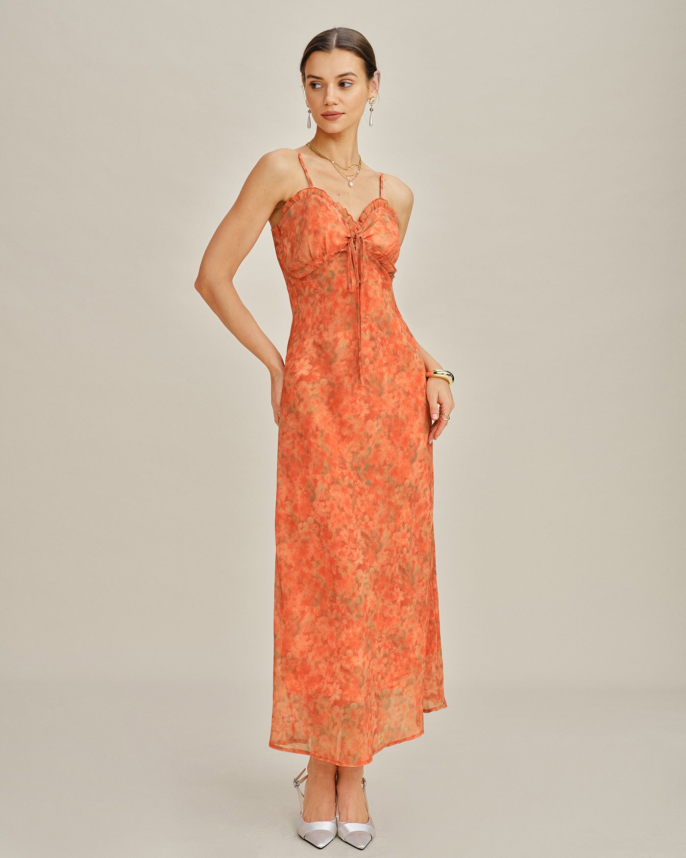 Vestido Maxi Slip A-Line Floral Naranja