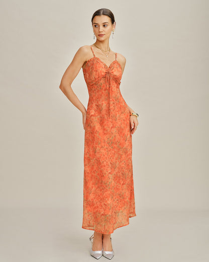 Vestido Maxi Slip A-Line Floral Naranja