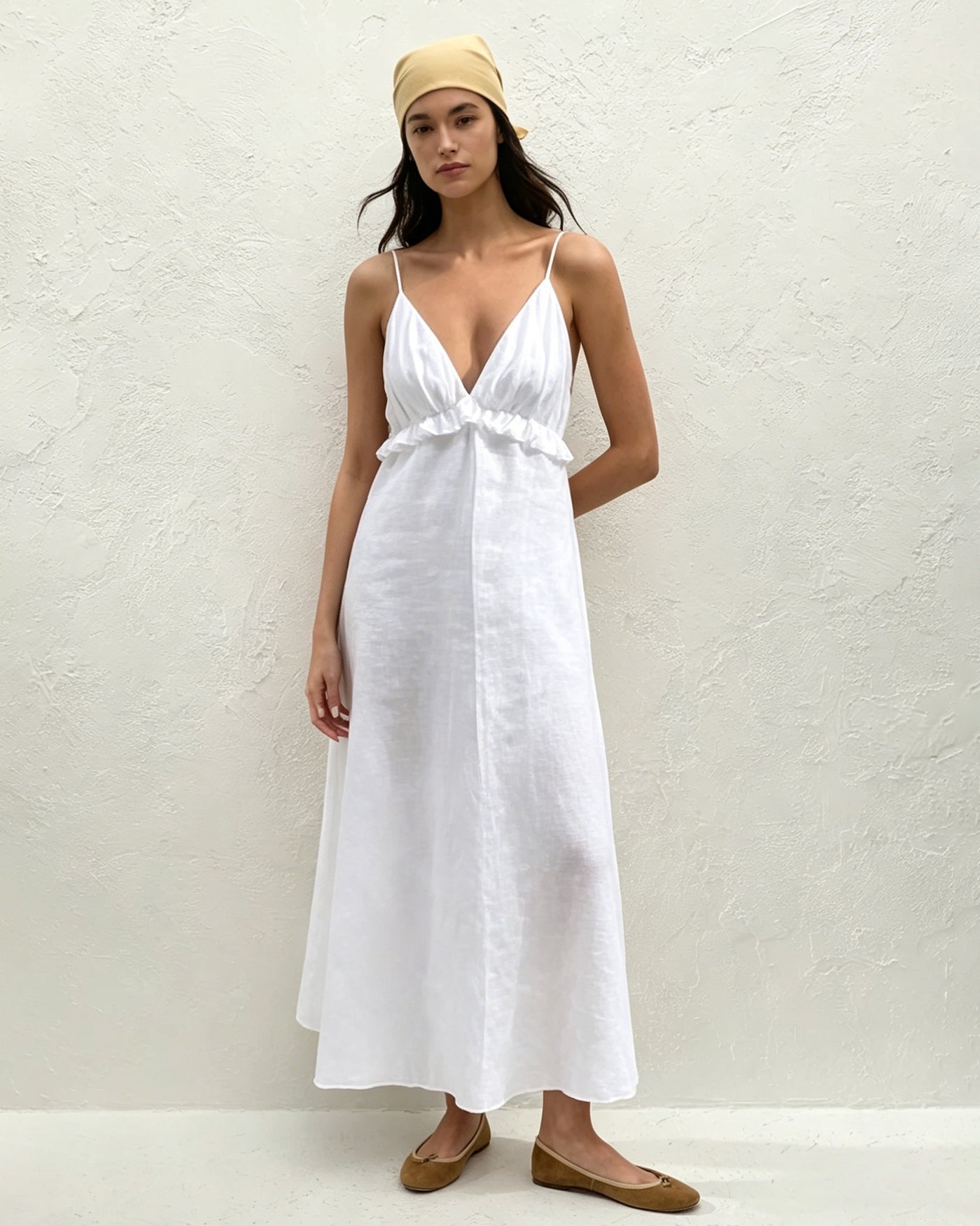 Vestido Maxi Deslizante Arrugado Blanco