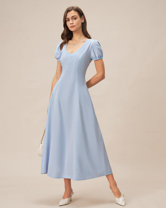 Vestido Maxi Rayado con Cuello en V y Mangas Abullonadas