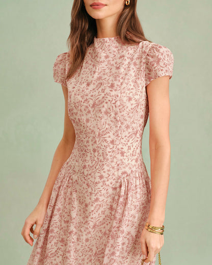 Vestido Maxi Floral con Cuello Mock Rosa