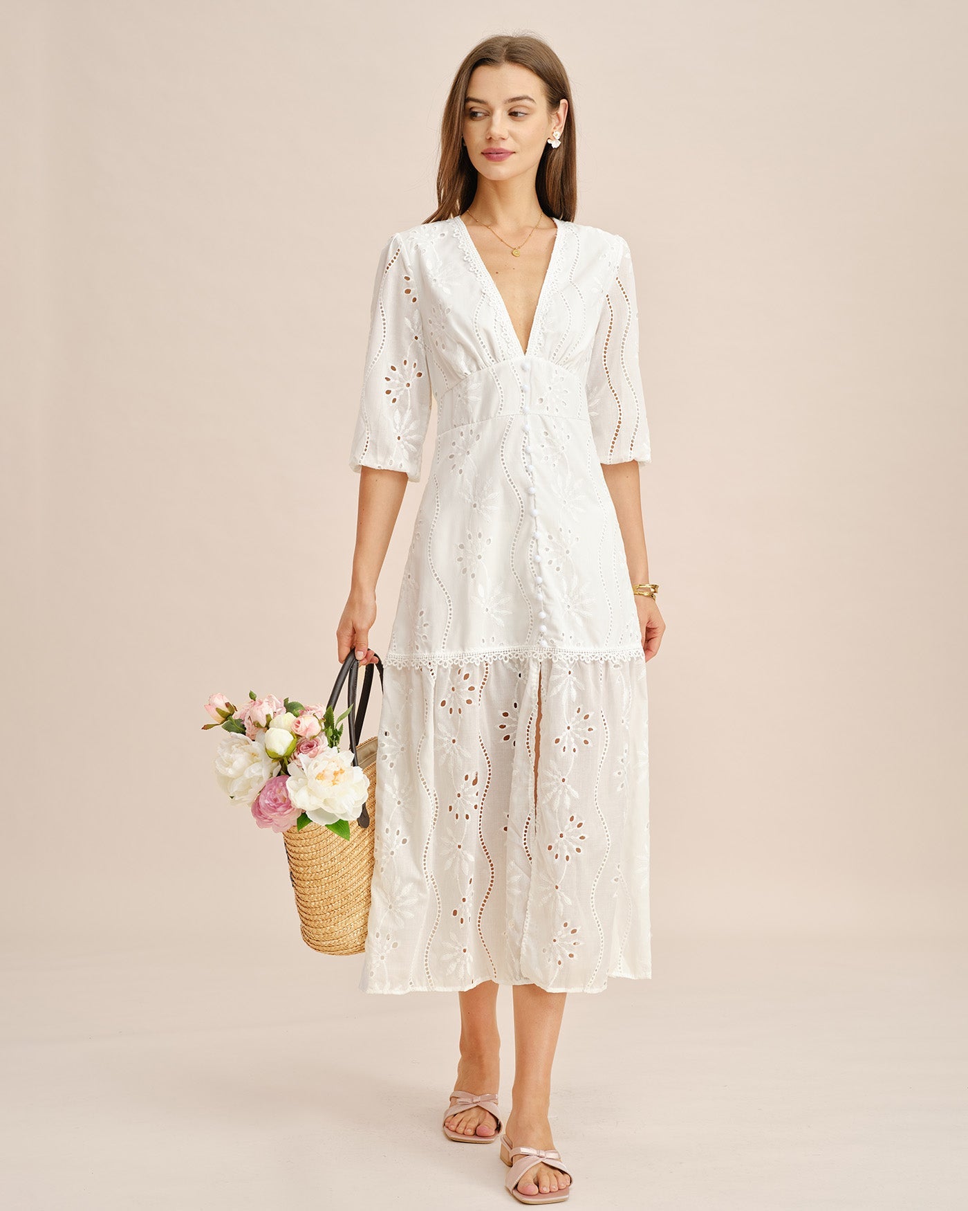 Vestido Maxi Cortado de Cuello en V Blanco