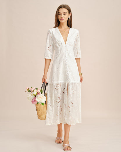 Vestido Maxi Cortado de Cuello en V Blanco