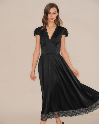 Vestido Maxi Negro con Escote en V y Mangas Abullonadas