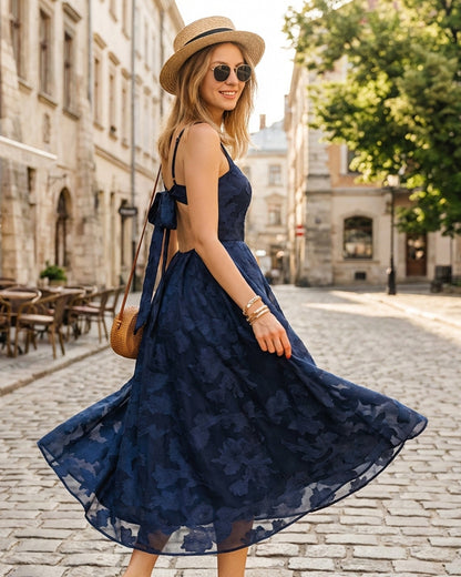 Vestido Maxi Slip Jacquard Marino