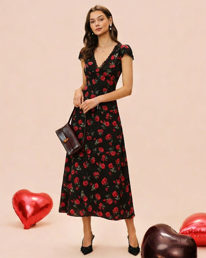 Vestido Maxi Negro Floral con Escote en V