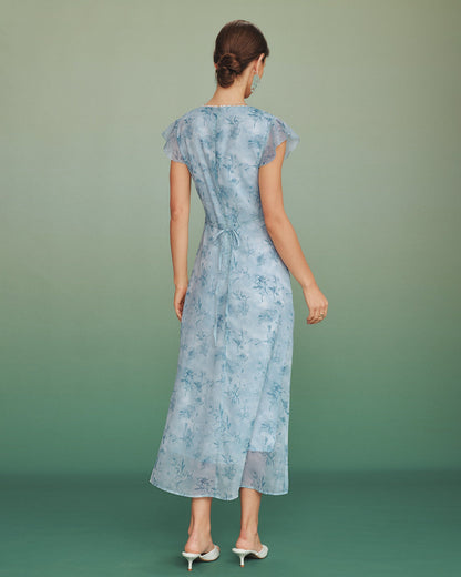 Vestido Largo Floral de Encaje con Cuello en V Azul