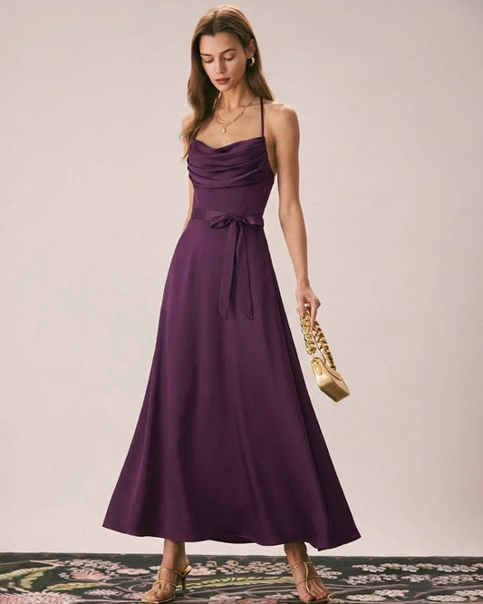 Vestido Maxi de Satén con Cuello de Cowl Morado