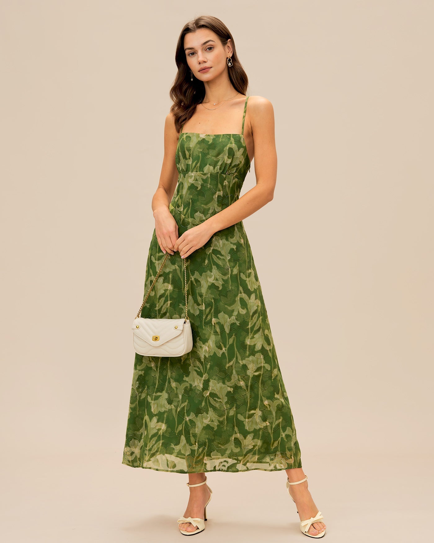 Vestido Maxi de Tirantes Cruzados con Flores Verdes