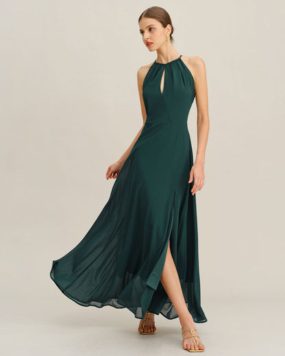 Vestido Maxi de Chiffon Verde con Abertura