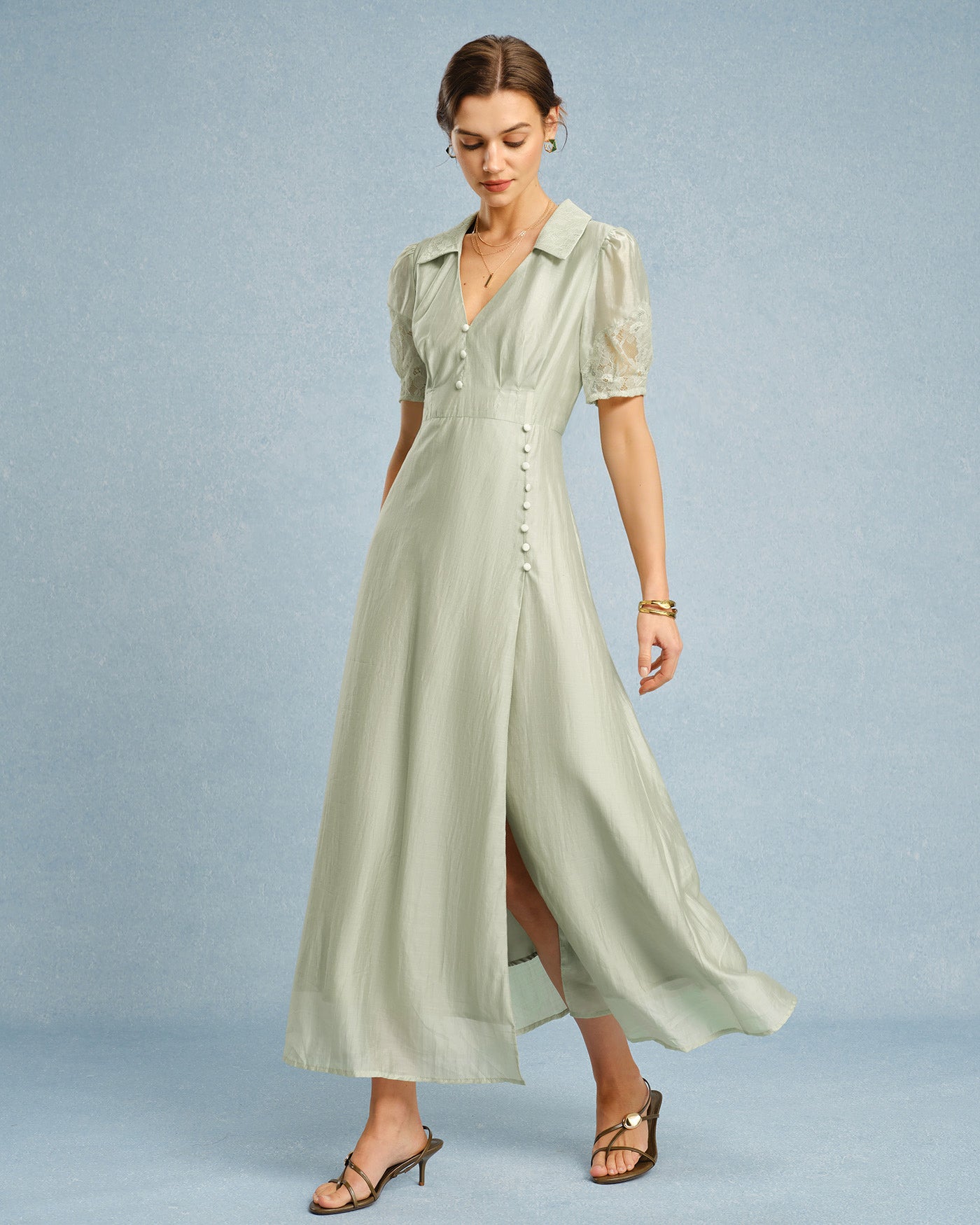 Vestido Maxi Verde con Cuello en V y Botones