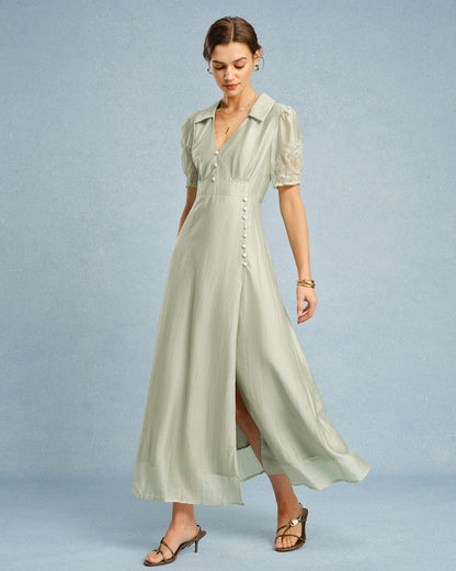 Vestido Maxi Verde con Cuello en V y Botones