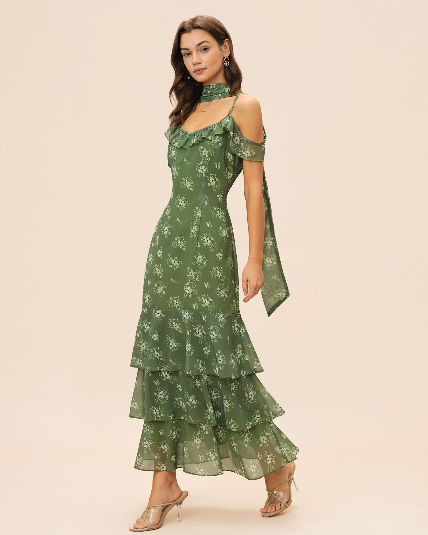 Vestido Maxi Floral con Volantes y Escote en V Verde
