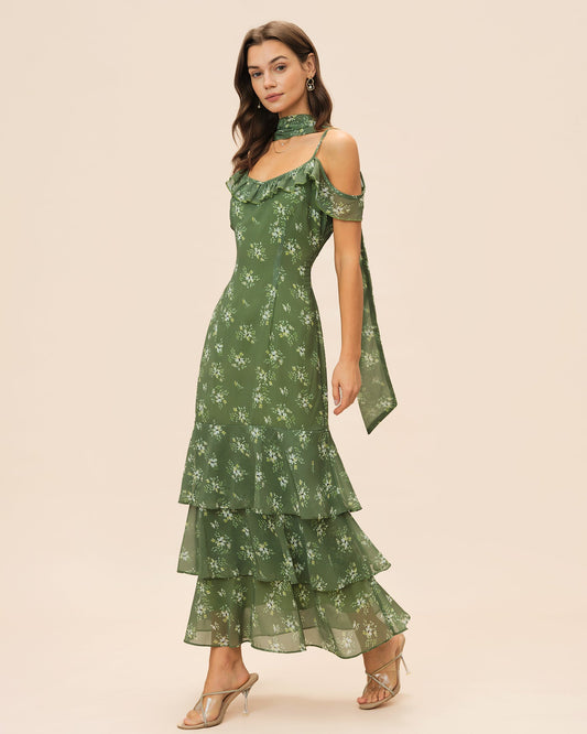 Vestido Maxi Floral con Volantes y Escote en V Verde