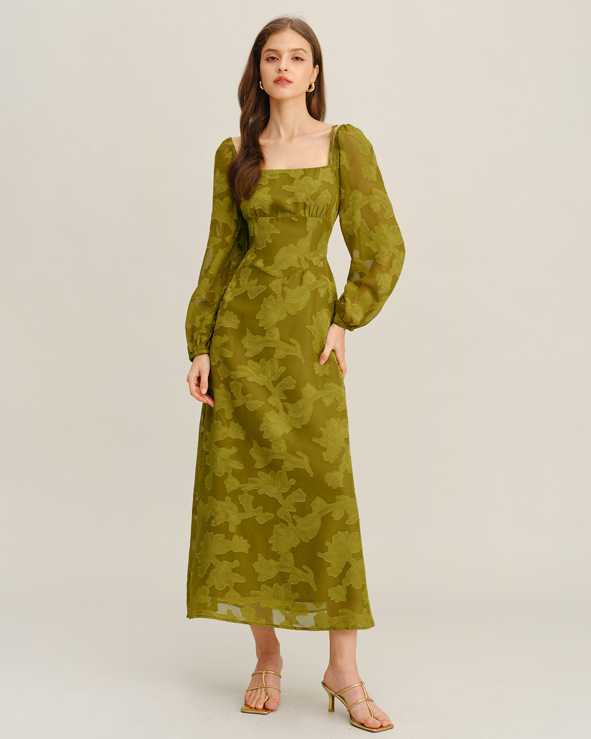 Vestido Maxi A-Line de Cuello Cuadrado con Flores Verdes