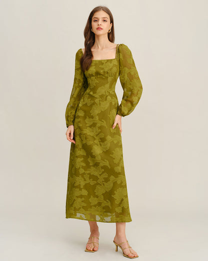 Vestido Maxi A-Line de Cuello Cuadrado con Flores Verdes