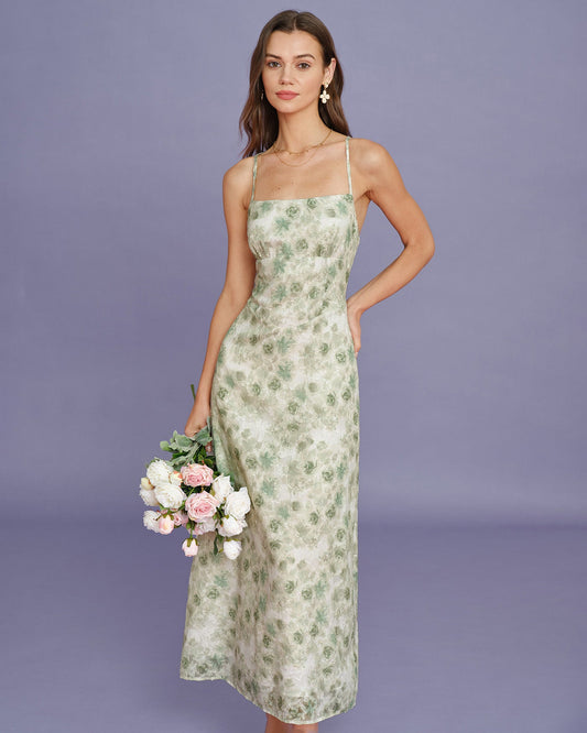 Vestido Maxi Slip Floral Verde Claro con Cruz
