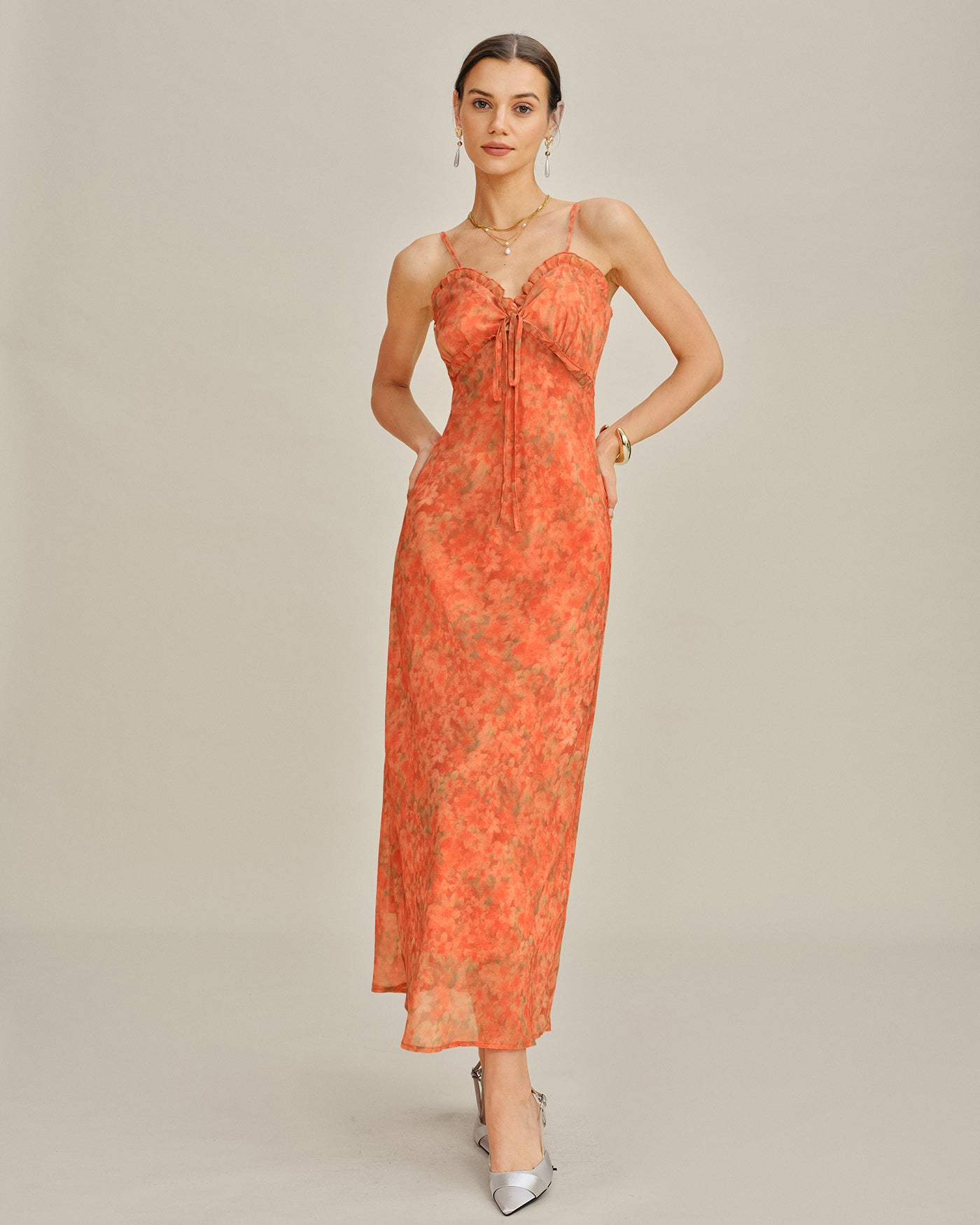 Vestido Maxi Slip A-Line Floral Naranja