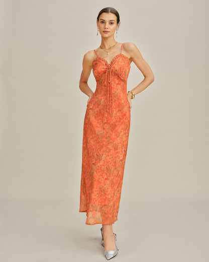 Vestido Maxi Slip A-Line Floral Naranja