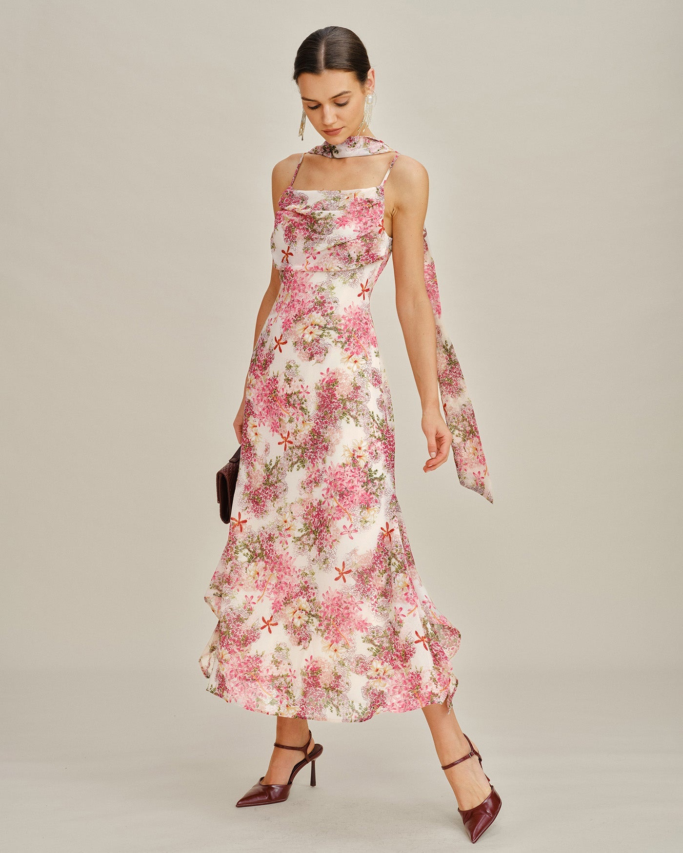 Vestido Maxi de Chiffon Floral Rosa