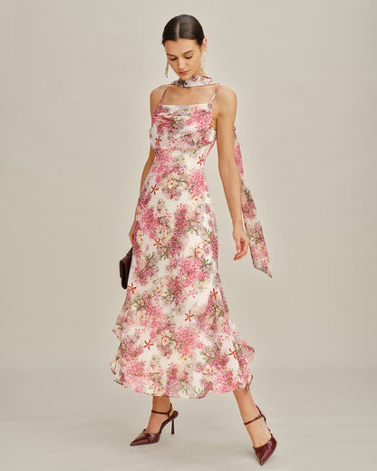 Vestido Maxi de Chiffon Floral Rosa