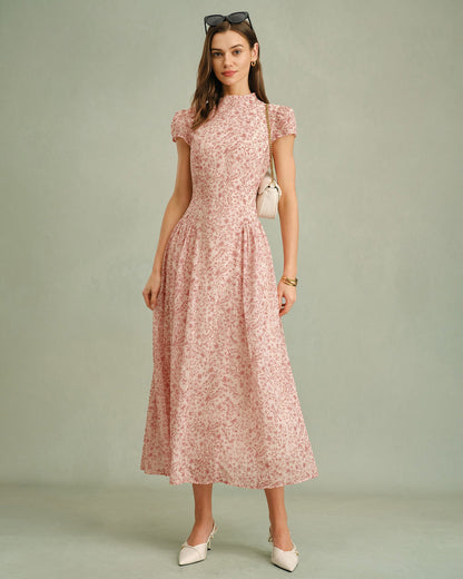 Vestido Maxi Floral con Cuello Mock Rosa