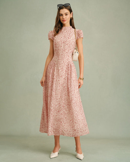 Vestido Maxi Floral con Cuello Mock Rosa