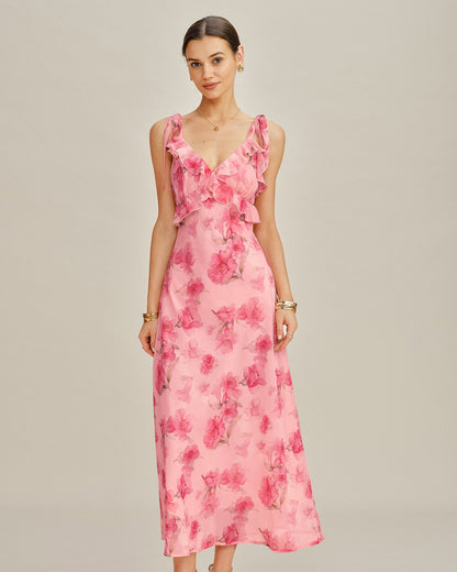 Vestido Maxi de Chiffon con Volantes Florales en Rosa