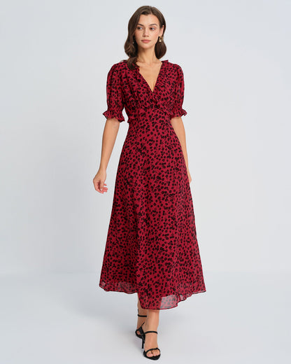 Vestido Maxi Floral de Cuello en V Rojo