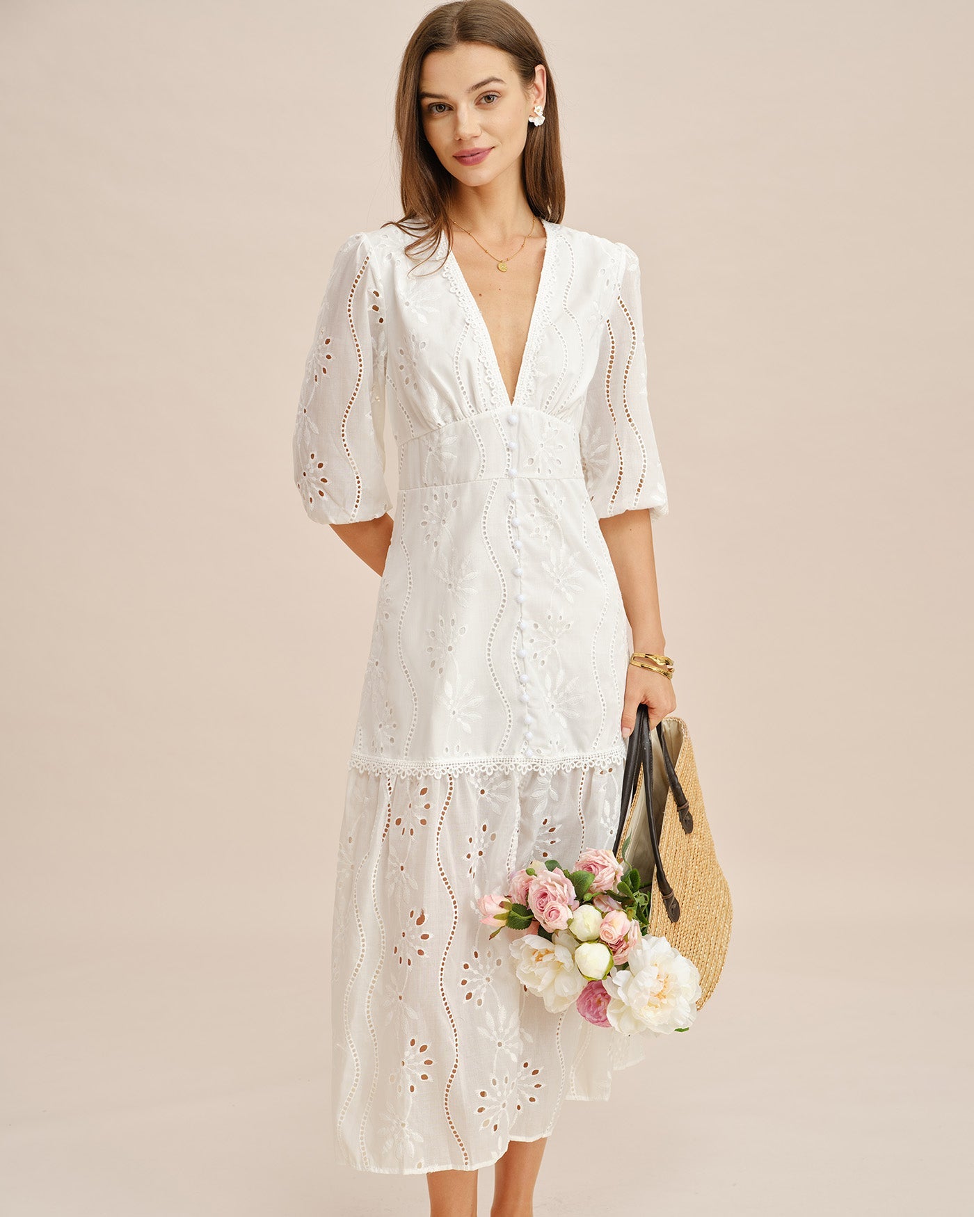 Vestido Maxi Cortado de Cuello en V Blanco