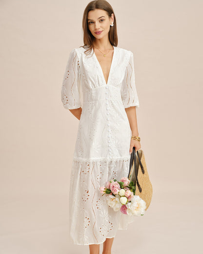 Vestido Maxi Cortado de Cuello en V Blanco