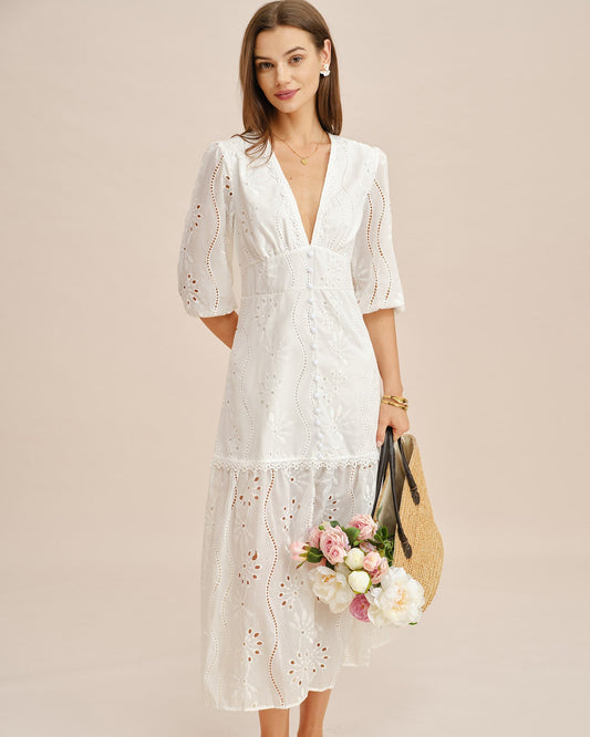 Vestido Maxi Cortado de Cuello en V Blanco