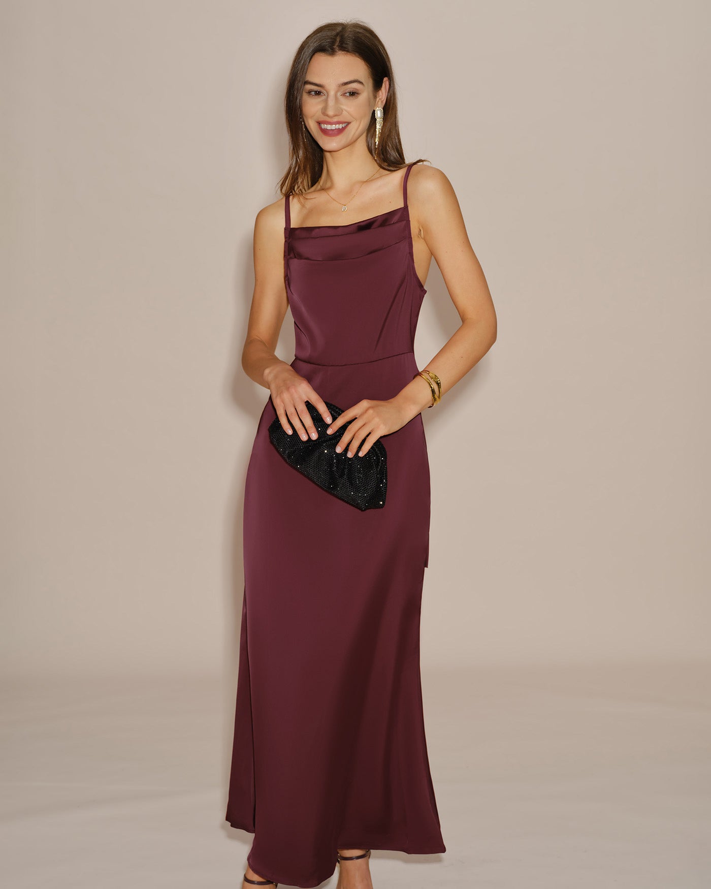 Vestido Maxi Slip Sólido Color Rojo Vino