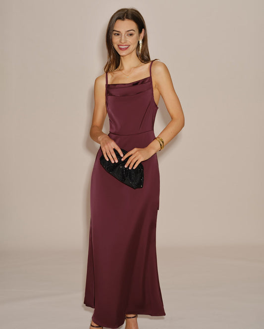 Vestido Maxi Slip Sólido Color Rojo Vino