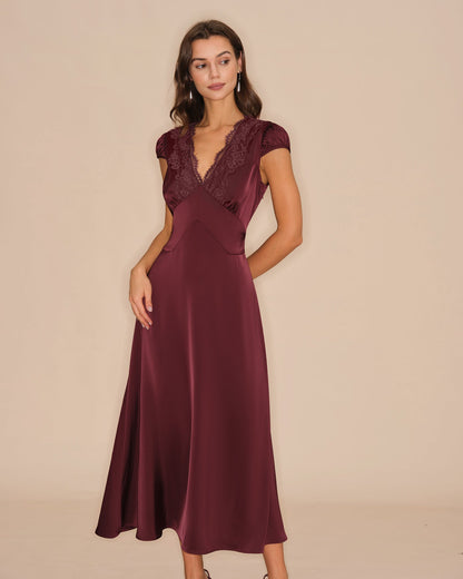 Vestido Maxi de Encaje V en Color Rojo Vino