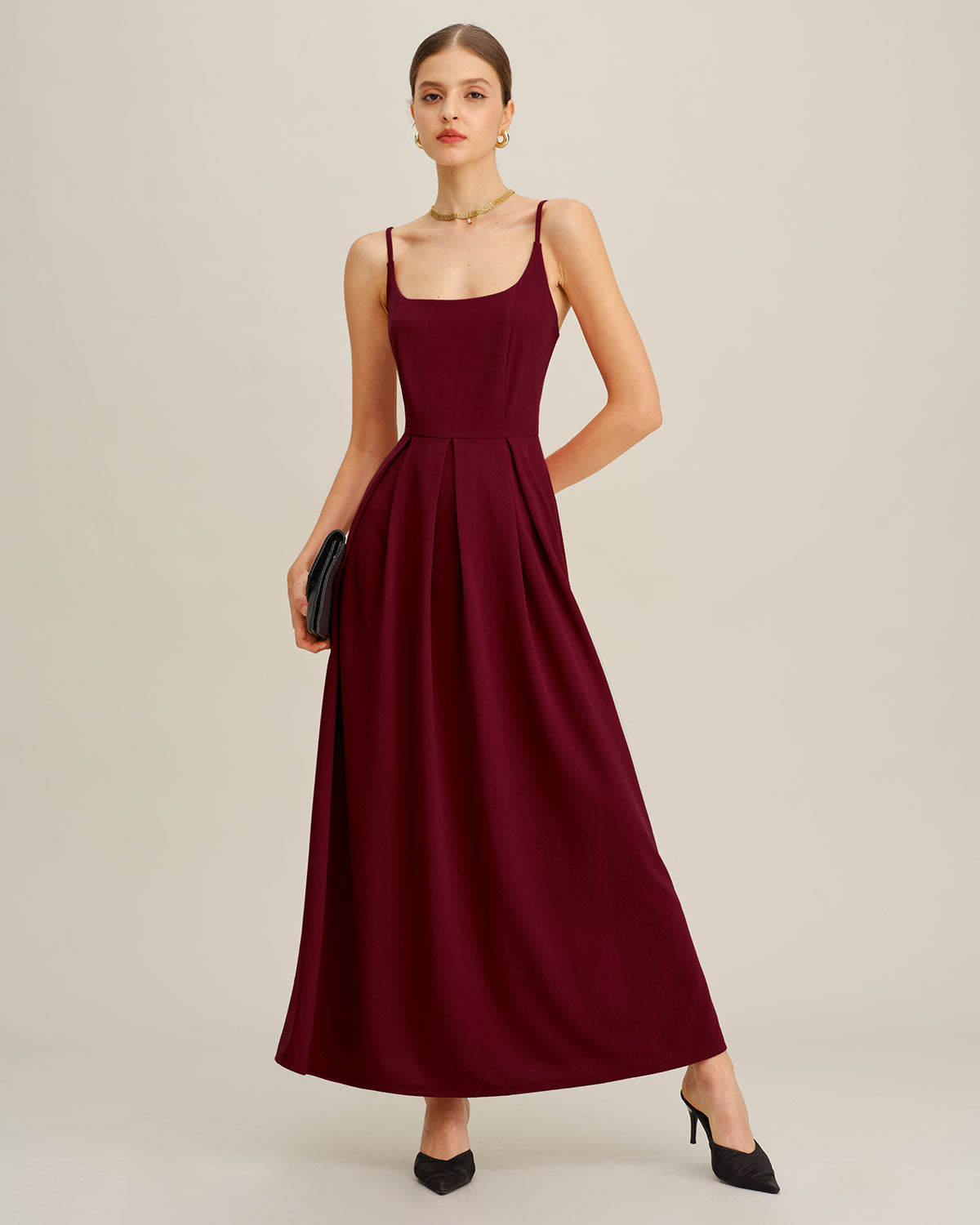 Vestido Maxi de Slip Plisado Color Rojo Vino