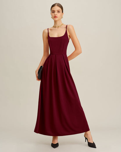 Vestido Maxi de Slip Plisado Color Rojo Vino
