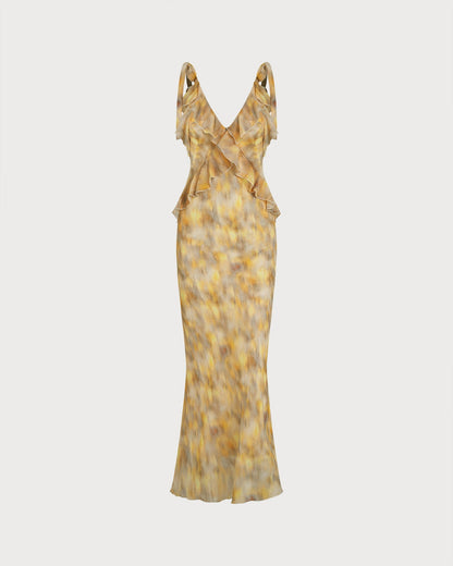 Vestido Maxi Deslizante con Volantes Amarillo