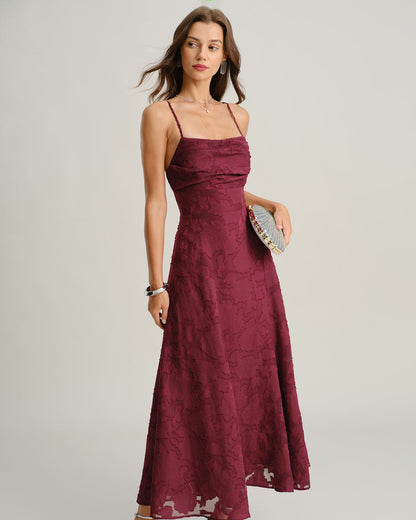 Vestido Maxi Slip Jacquard Rojo Vino
