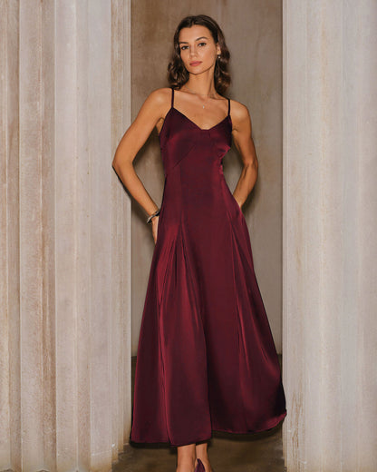 Vestido Maxi A-Line de Satén Rojo Vino