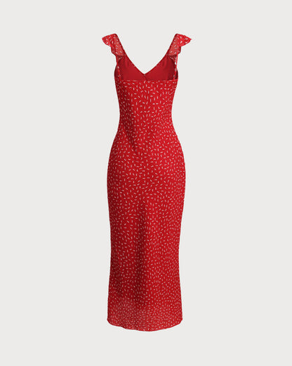 Vestido Maxi Ruffle Floral Rojo con Escote en V