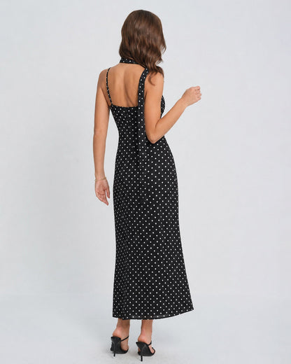 Vestido Maxi Sin Mangas con Cuello de Cowl de Lunares Negros