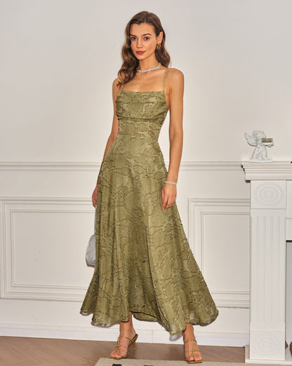 Vestido Maxi Slip Jacquard Verde Salvia