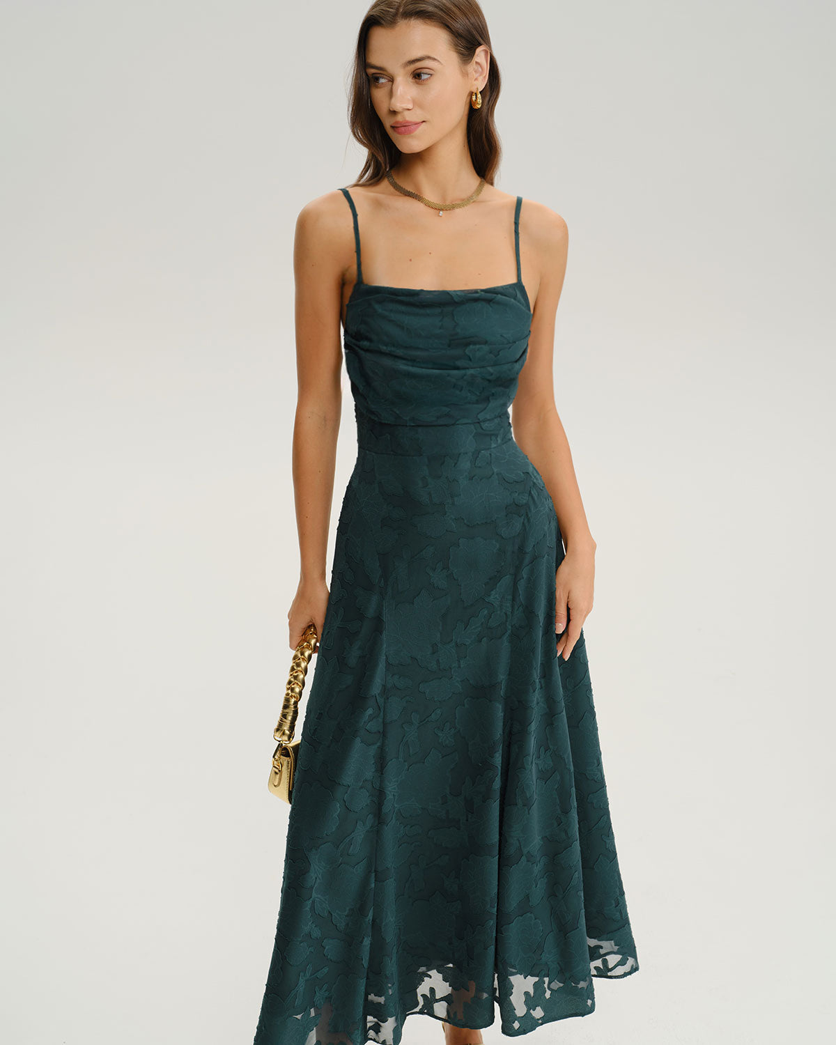 Vestido Maxi Slip A-Line Jacquard Verde