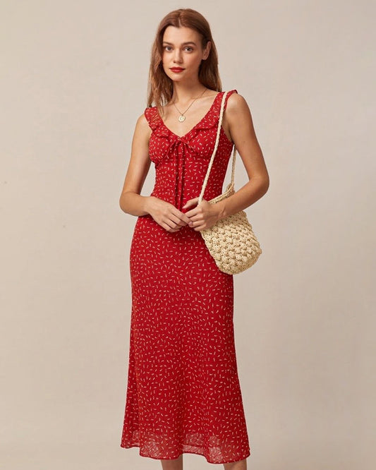 Vestido Maxi Ruffle Floral Rojo con Escote en V