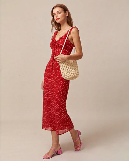Vestido Maxi Ruffle Floral Rojo con Escote en V