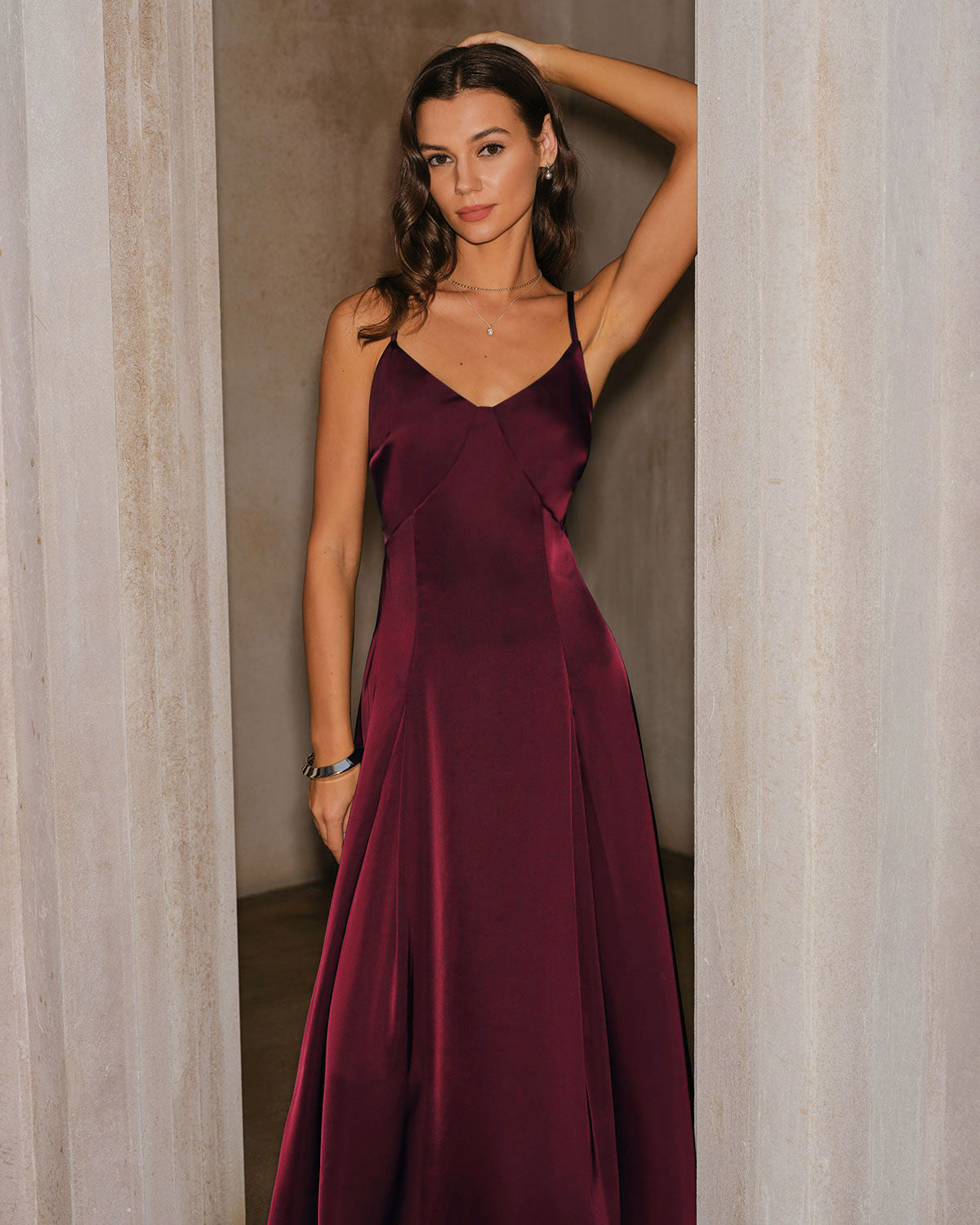 Vestido Maxi A-Line de Satén Rojo Vino