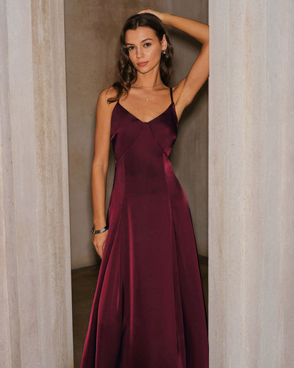 Vestido Maxi A-Line de Satén Rojo Vino