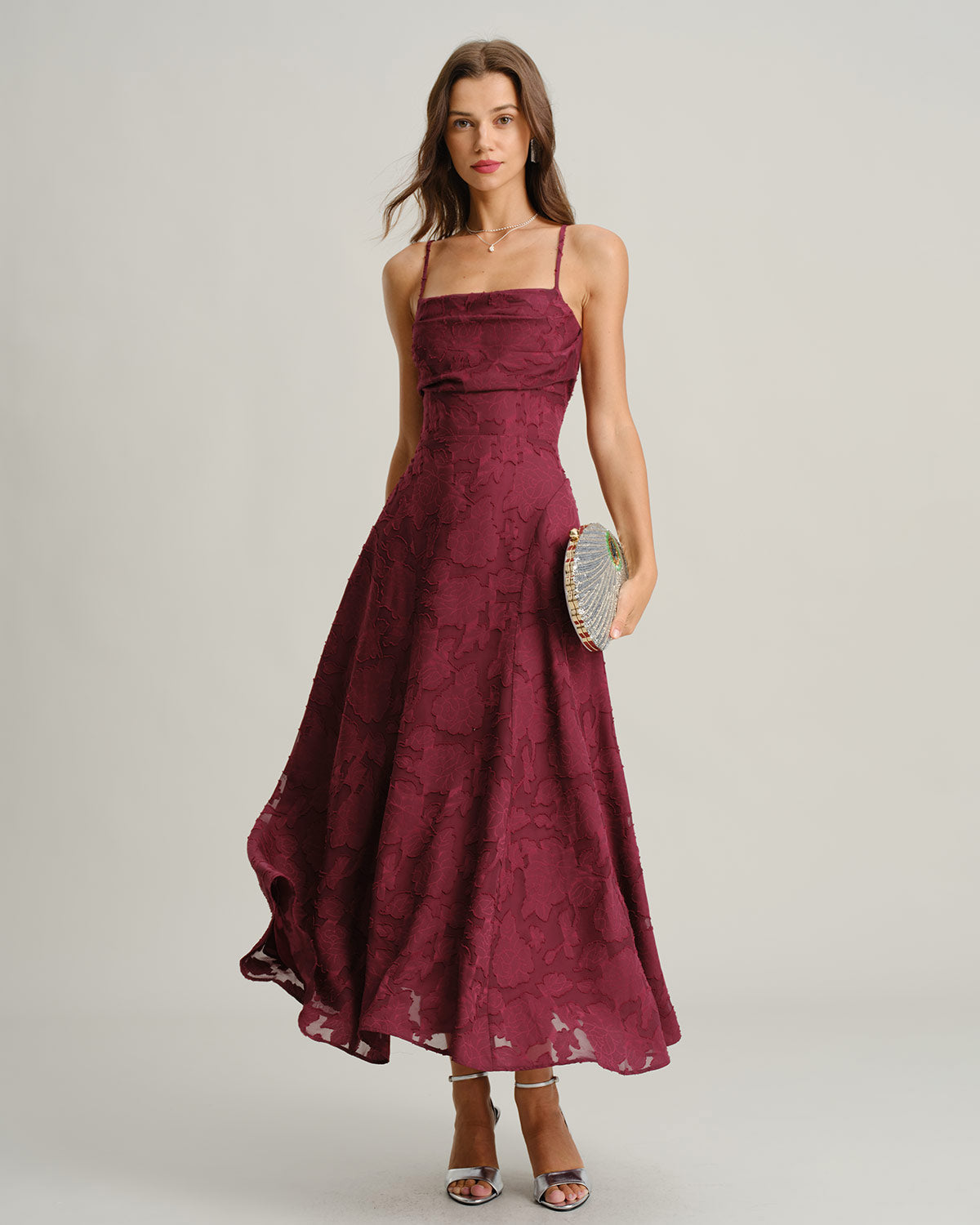 Vestido Maxi Slip Jacquard Rojo Vino